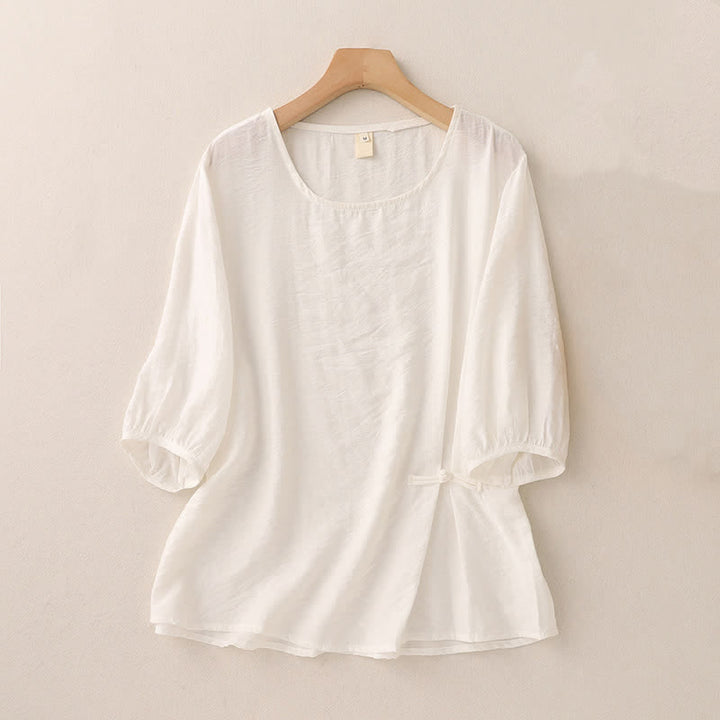Buddha Stones Solid Color Frog-Button Design Puff Short Sleeve Women's T-Shirt - White - US8-10，UK/AU12-14，EU40-42 (2XL) - image 6