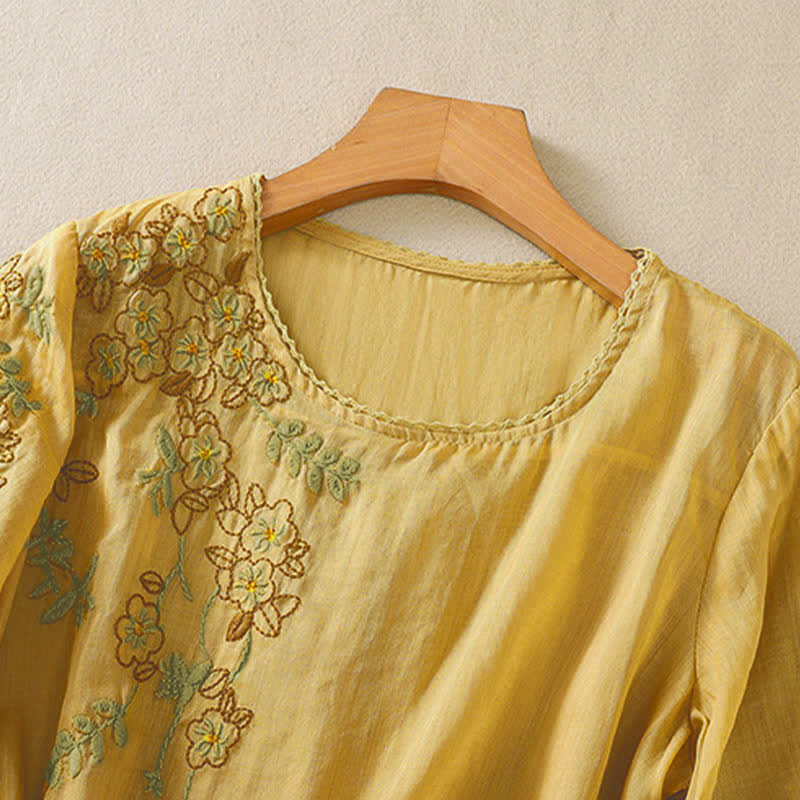 Buddha Stones Retro Embroidery Floral Pattern Short Sleeve Crew Neck Women's Shirt - image 16