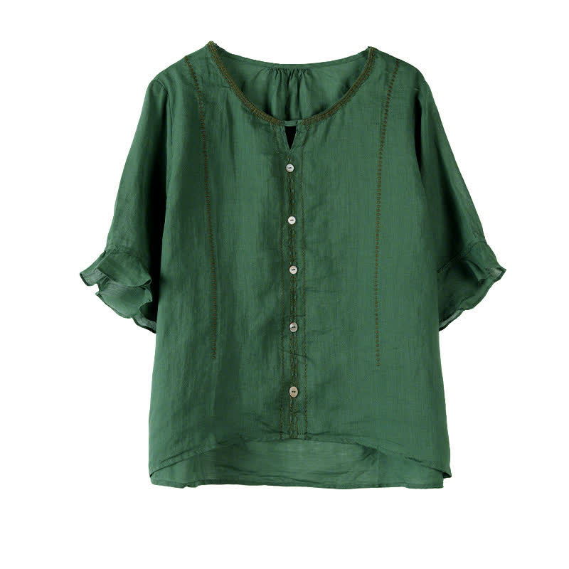 Buddha Stones Embroidery Buttons Crew Neck Flared Short Sleeve Women's Shirt - image 12
