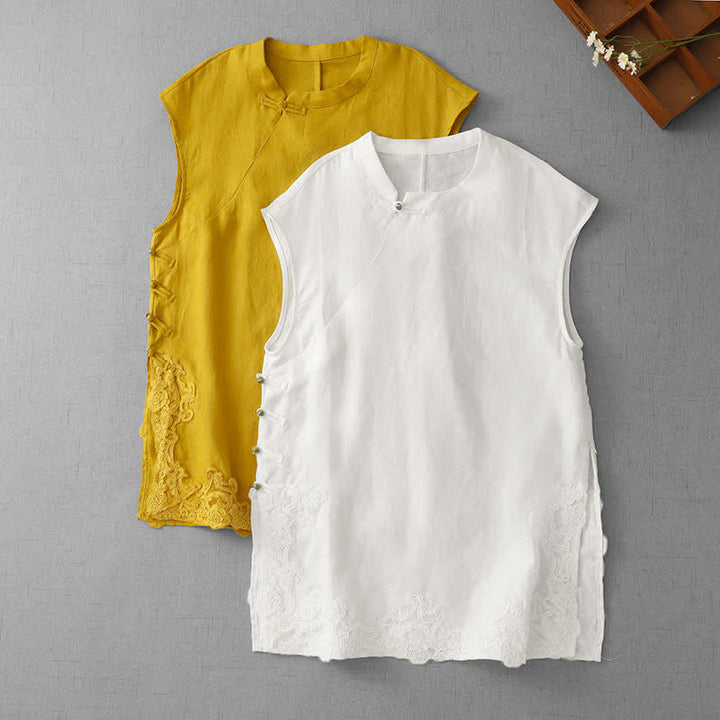 Buddha Stones Chinese Frog-Button Lace Patchwork Design Stand Collar Women's Cotton Sleeveless Vest - image 20
