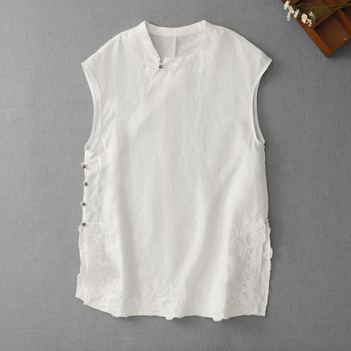 Buddha Stones Chinese Frog-Button Lace Patchwork Design Stand Collar Women's Cotton Sleeveless Vest - image 10