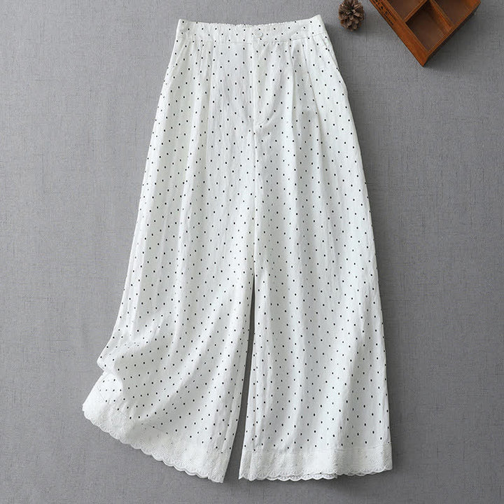 Buddha Stones Polka Dot Lace Patchwork Cotton Women's Wide Leg Capri Pants With Pockets - White - US8-10，UK/AU12-14，EU40-42 (2XL) - image 4