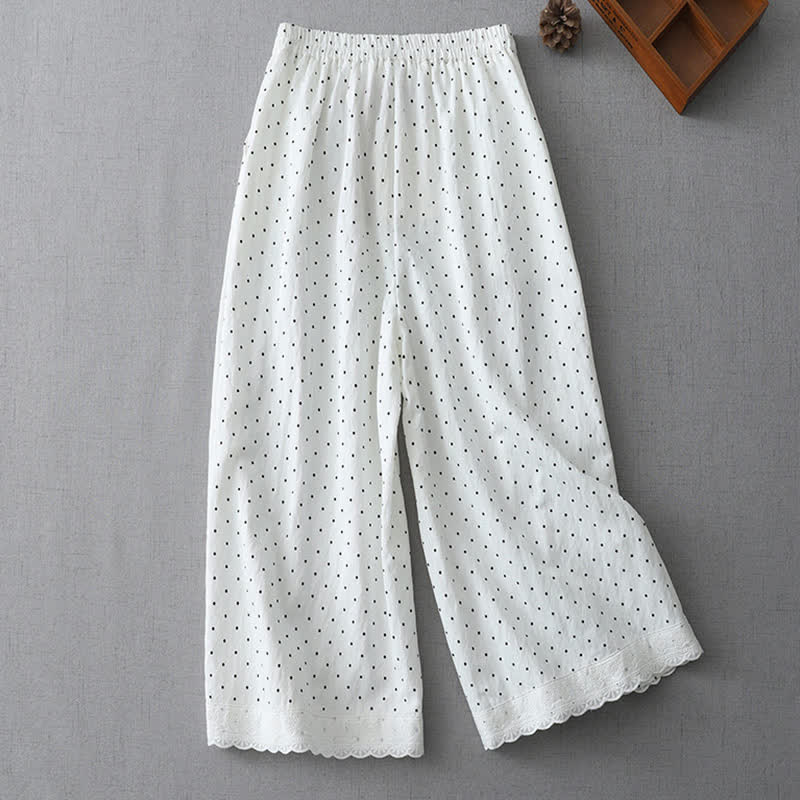 Buddha Stones Polka Dot Lace Patchwork Cotton Women's Wide Leg Capri Pants With Pockets - image 5