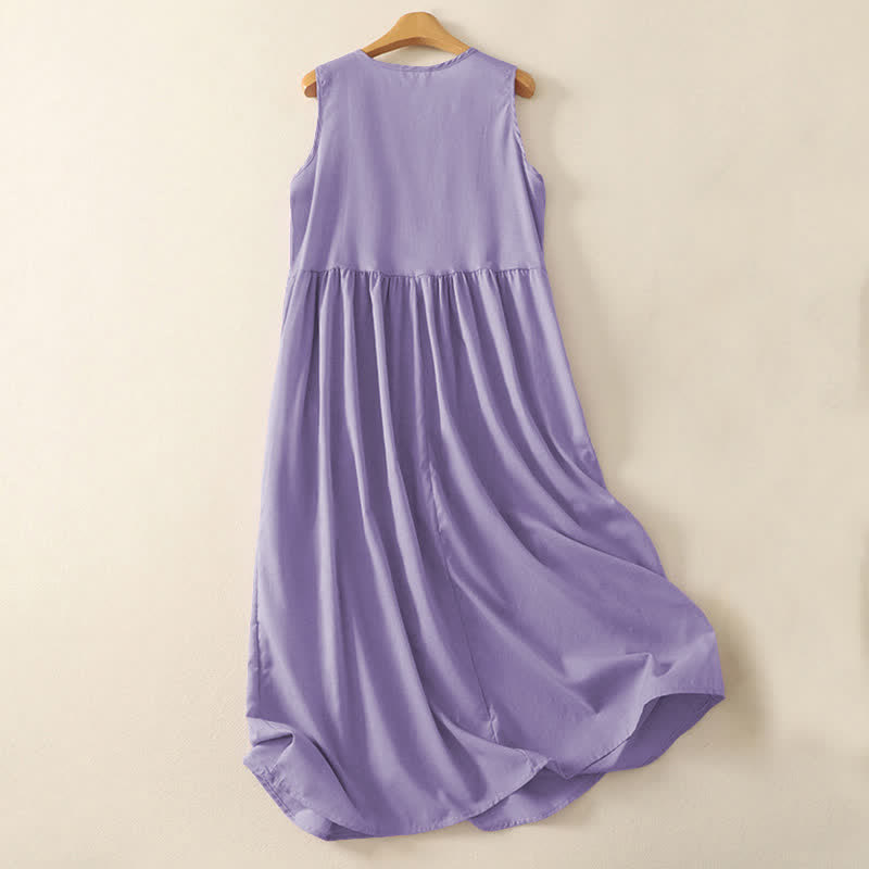 Buddha Stones Summer Pure Color Accordion Pleats Sleeveless Knee Length Dress With Pockets - image 1