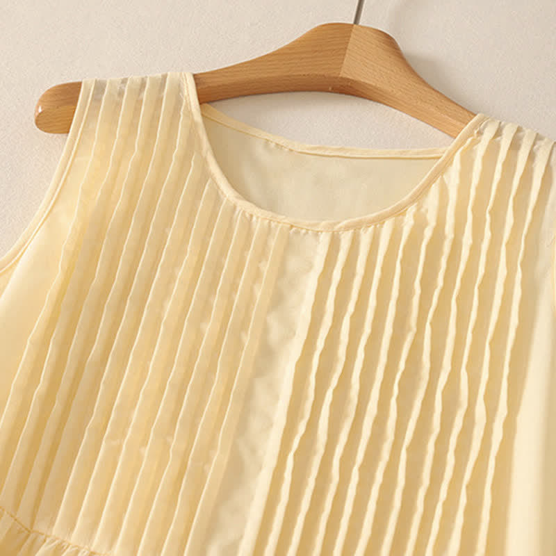 Buddha Stones Summer Pure Color Accordion Pleats Sleeveless Knee Length Dress With Pockets - image 11