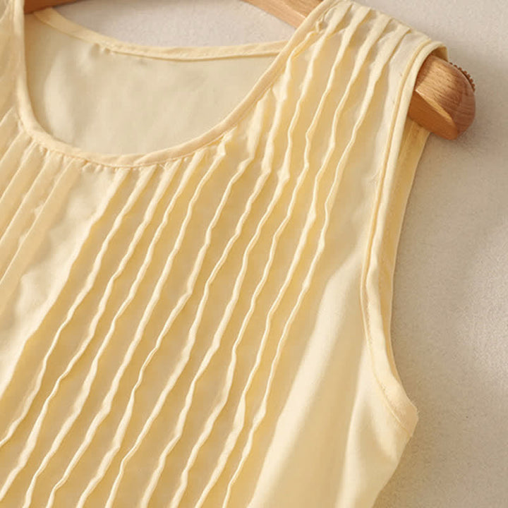 Buddha Stones Summer Pure Color Accordion Pleats Sleeveless Knee Length Dress With Pockets - image 12
