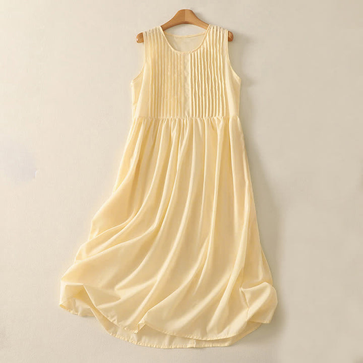 Buddha Stones Summer Pure Color Accordion Pleats Sleeveless Knee Length Dress With Pockets - LightGoldenrodYellow - Lightweight fabric - image 10