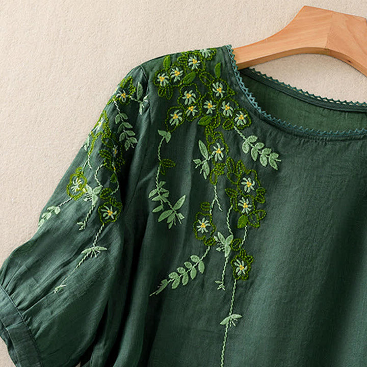 Buddha Stones Retro Embroidery Floral Pattern Short Sleeve Crew Neck Women's Shirt - image 3