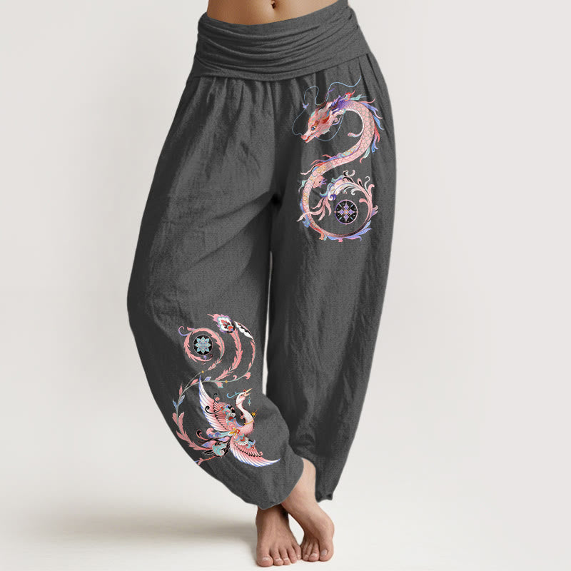 Buddha Stones Cotton Flying Dragon Phoenix Pattern Women's Elastic Waist Harem Pants - DimGray - US16，UK/AU20，EU48 (3XL) - image 11