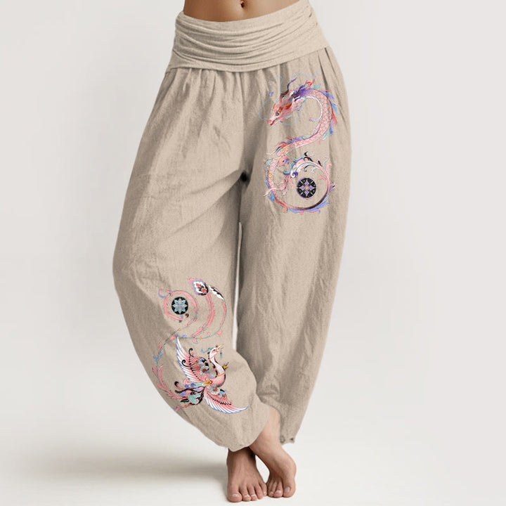 Buddha Stones Cotton Flying Dragon Phoenix Pattern Women's Elastic Waist Harem Pants - Tan - US16，UK/AU20，EU48 (3XL) - image 5