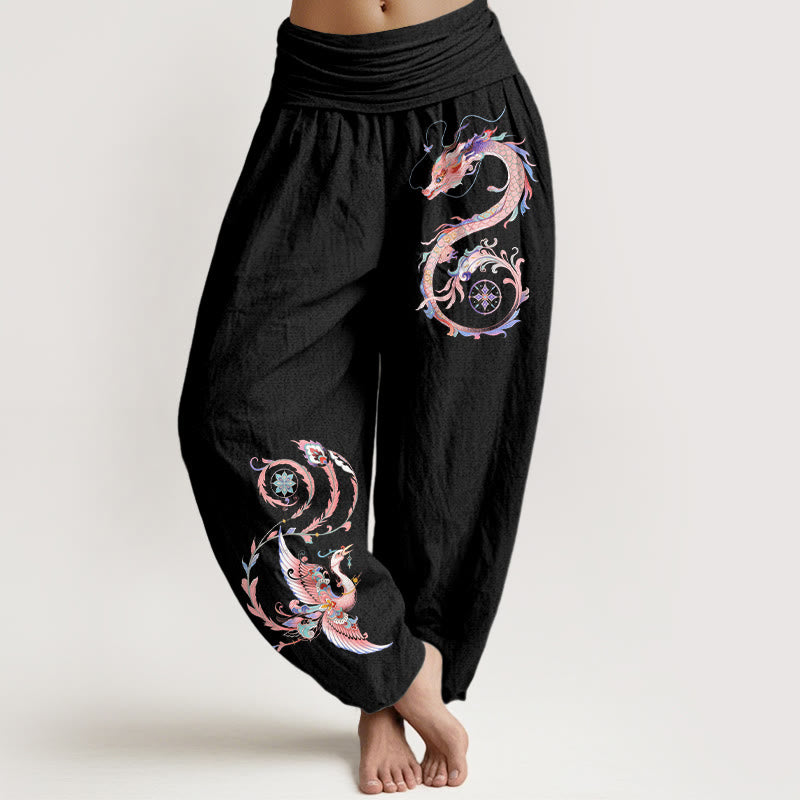 Buddha Stones Cotton Flying Dragon Phoenix Pattern Women's Elastic Waist Harem Pants - Black - US16，UK/AU20，EU48 (3XL) - image 0