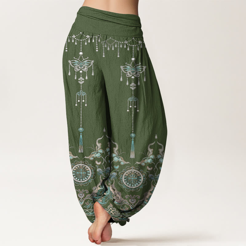 Buddha Stones Cotton Classic Jewelry Butterfly Flower Tassel Pattern Women's Elastic Waist Harem Pants - image 1