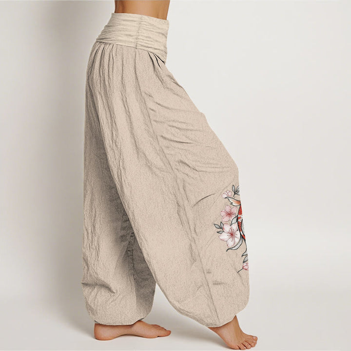 Buddha Stones Cotton Koi Fish Pink Peach Blossoms Pattern Women's Elastic Waist Harem Pants - image 13
