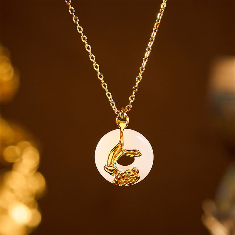 Buddha Stones 925 Sterling Silver Peony Peace Buckle Hetian White Jade Blessing Necklace Pendant - image 1