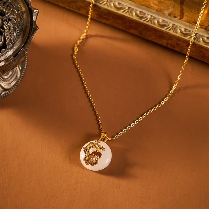 Buddha Stones 925 Sterling Silver Peony Peace Buckle Hetian White Jade Blessing Necklace Pendant - image 4