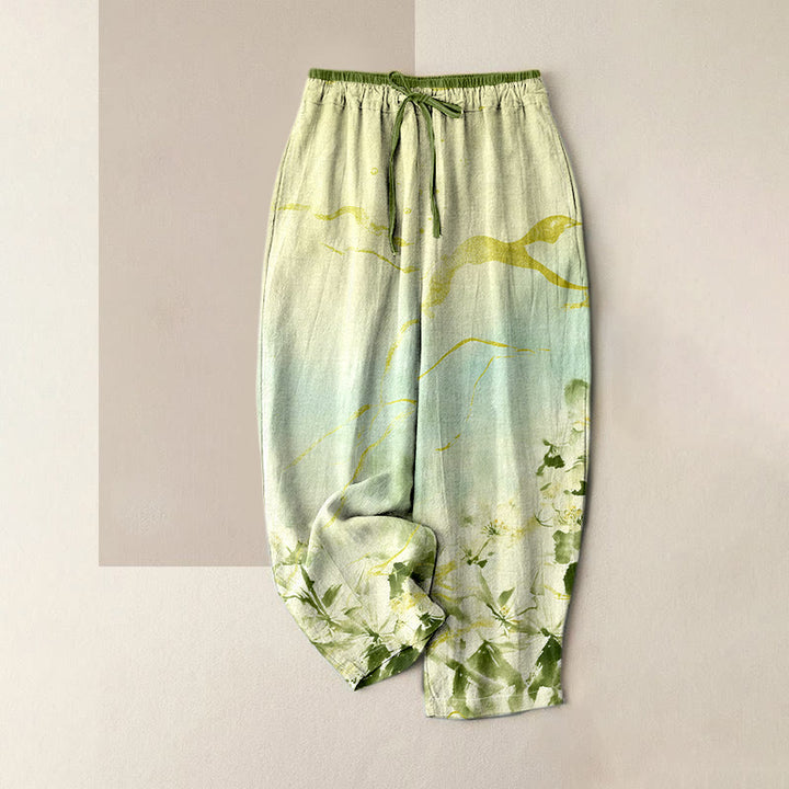 Buddha Stones Pure Cotton Ink Flower Golden Lines Pattern Women's Elastic Waist Pants With Pockets - DarkSeaGreen - US16，UK/AU20，EU48 (3XL) - image 3