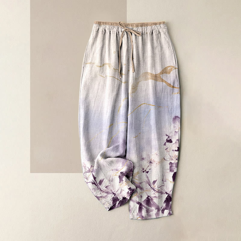 Buddha Stones Pure Cotton Ink Flower Golden Lines Pattern Women's Elastic Waist Pants With Pockets - MediumPurple - US16，UK/AU20，EU48 (3XL) - image 4