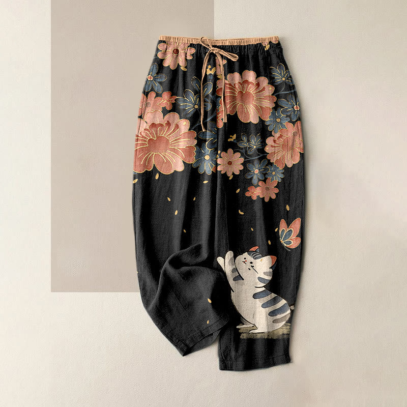 Buddha Stones Pure Cotton Cat Butterfly Pink Blossom Pattern Women's Elastic Waist Pants With Pockets - Black - US16，UK/AU20，EU48 (3XL) - image 0
