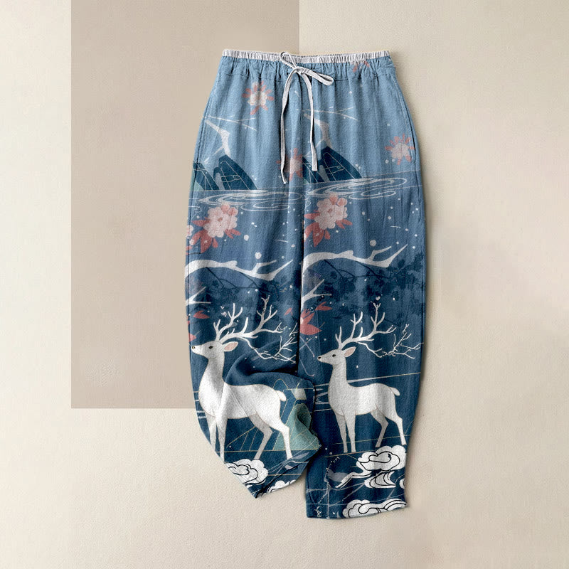 Buddha Stones Pure Cotton Pink Blossom Deer Mountain Pattern Women's Elastic Waist Pants With Pockets - SteelBlue - US16，UK/AU20，EU48 (3XL) - image 0