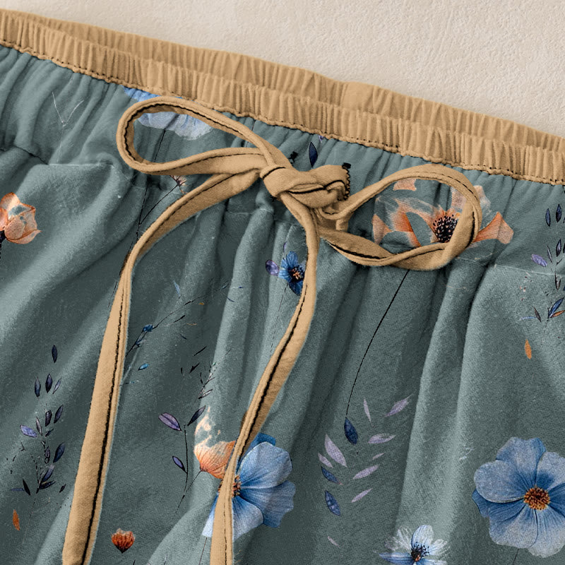 Buddha Stones Pure Cotton Wildflower Peach Blossom Pattern Women's Elastic Waist Pants With Pockets - image 1