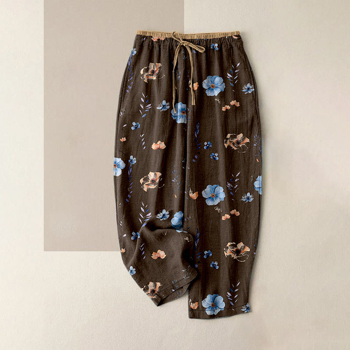 Buddha Stones Pure Cotton Wildflower Peach Blossom Pattern Women's Elastic Waist Pants With Pockets - SaddleBrown - US16，UK/AU20，EU48 (3XL) - image 4