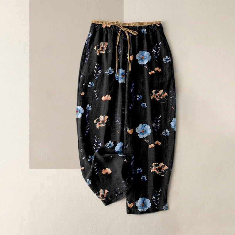 Buddha Stones Pure Cotton Wildflower Peach Blossom Pattern Women's Elastic Waist Pants With Pockets - Black - US16，UK/AU20，EU48 (3XL) - image 8