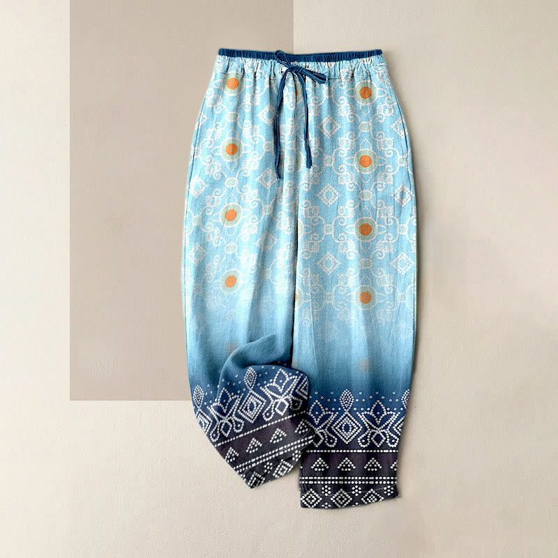 Buddha Stones Pure Cotton Geometric Diamond Motifs Dots Pattern Women's Elastic Waist Pants With Pockets - LightSkyBlue - US16，UK/AU20，EU48 (3XL) - image 0