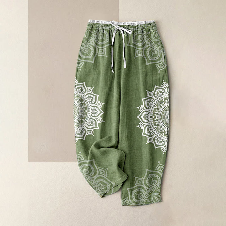 Buddha Stones Pure Cotton Mandala Pattern Women's Elastic Waist Pants With Pockets - DarkSeaGreen - US16，UK/AU20，EU48 (3XL) - image 0