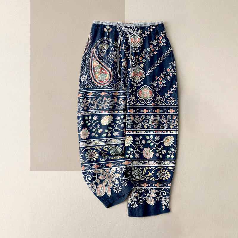 Buddha Stones Pure Cotton Paisley Lotus Pattern Women's Elastic Waist Pants With Pockets - SteelBlue - US16，UK/AU20，EU48 (3XL) - image 0