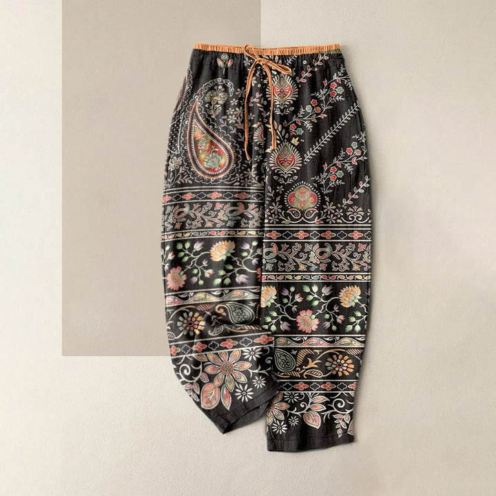 Buddha Stones Pure Cotton Paisley Lotus Pattern Women's Elastic Waist Pants With Pockets - SaddleBrown - US16，UK/AU20，EU48 (3XL) - image 8