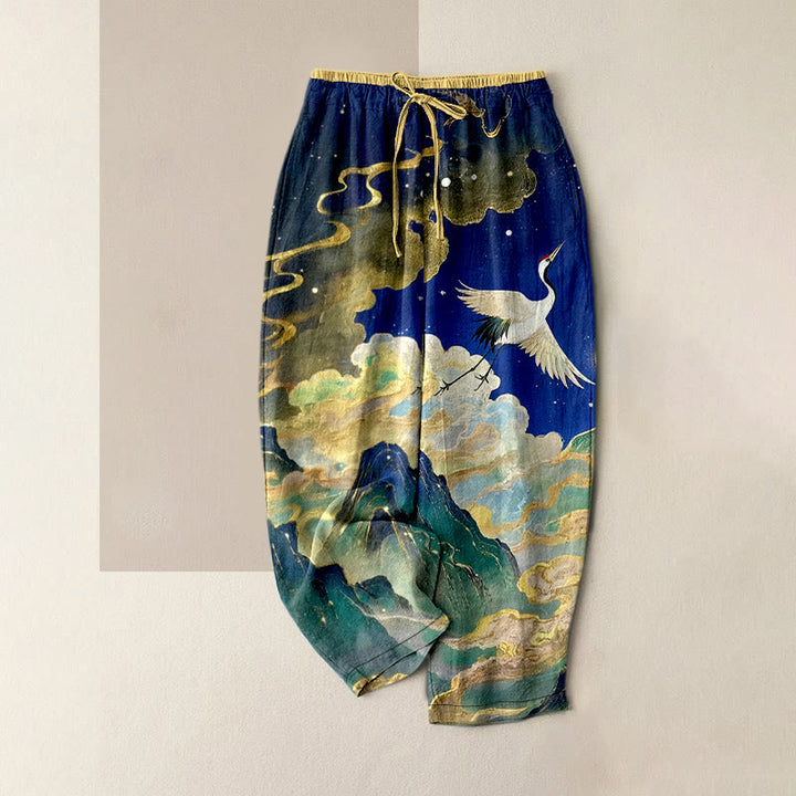 Buddha Stones Pure Cotton Crane Cloud Mountain Pattern Women's Elastic Waist Pants With Pockets - DarkBlue - US16，UK/AU20，EU48 (3XL) - image 0