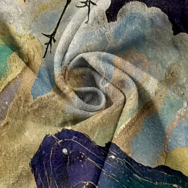 Buddha Stones Pure Cotton Crane Cloud Mountain Pattern Women's Elastic Waist Pants With Pockets - image 7