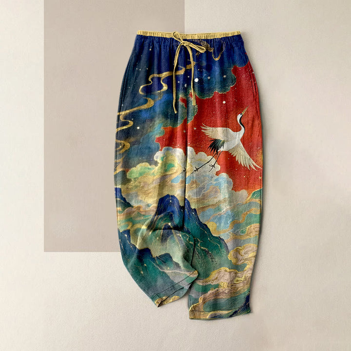 Buddha Stones Pure Cotton Crane Cloud Mountain Pattern Women's Elastic Waist Pants With Pockets - OrangeRed - US16，UK/AU20，EU48 (3XL) - image 8