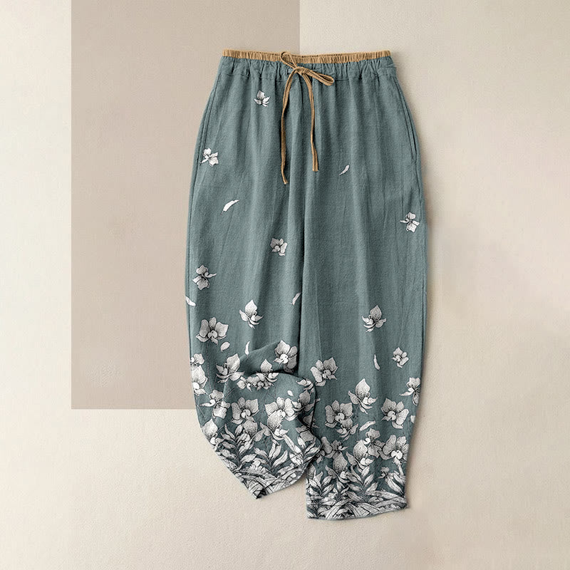 Buddha Stones Pure Cotton Flower Petal Pattern Women's Elastic Waist Pants With Pockets - LightSeaGreen - US16，UK/AU20，EU48 (3XL) - image 0