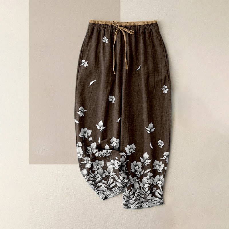 Buddha Stones Pure Cotton Flower Petal Pattern Women's Elastic Waist Pants With Pockets - SaddleBrown - US16，UK/AU20，EU48 (3XL) - image 4