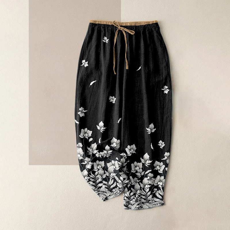 Buddha Stones Pure Cotton Flower Petal Pattern Women's Elastic Waist Pants With Pockets - Black - US16，UK/AU20，EU48 (3XL) - image 8