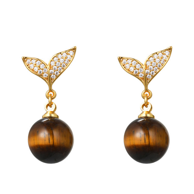 Buddha Stones Tiger Eye Round Bead Fish Tail Irregular Design Protection Earrings - image 1