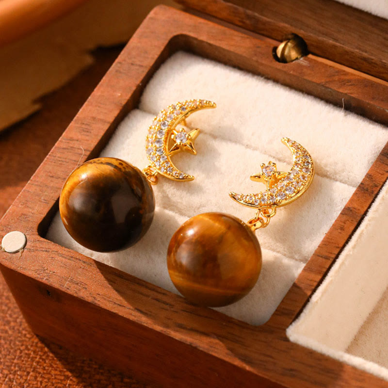 Buddha Stones Tiger Eye Round Bead Fish Tail Irregular Design Protection Earrings - Moon(925 Sterling Silver Posts) - image 2