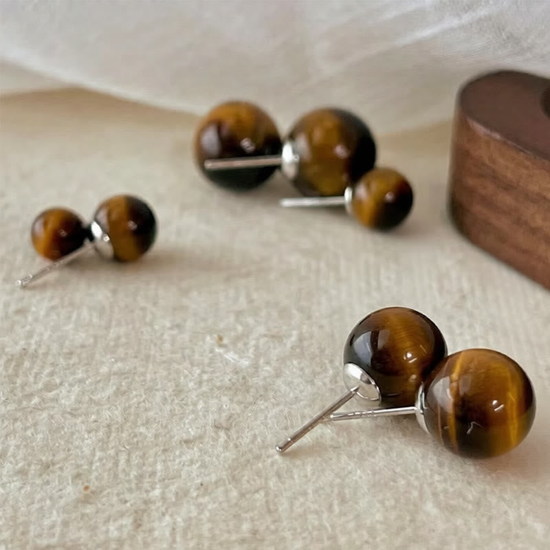 Buddha Stones Simple Tiger Eye Retro Round Protection Stud Earrings - image 5