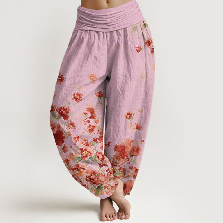 Buddha Stones Cotton Camellia Peony Blossom Pattern Women's Elastic Waist Harem Pants - LightPink - US16，UK/AU20，EU48 (3XL) - image 8