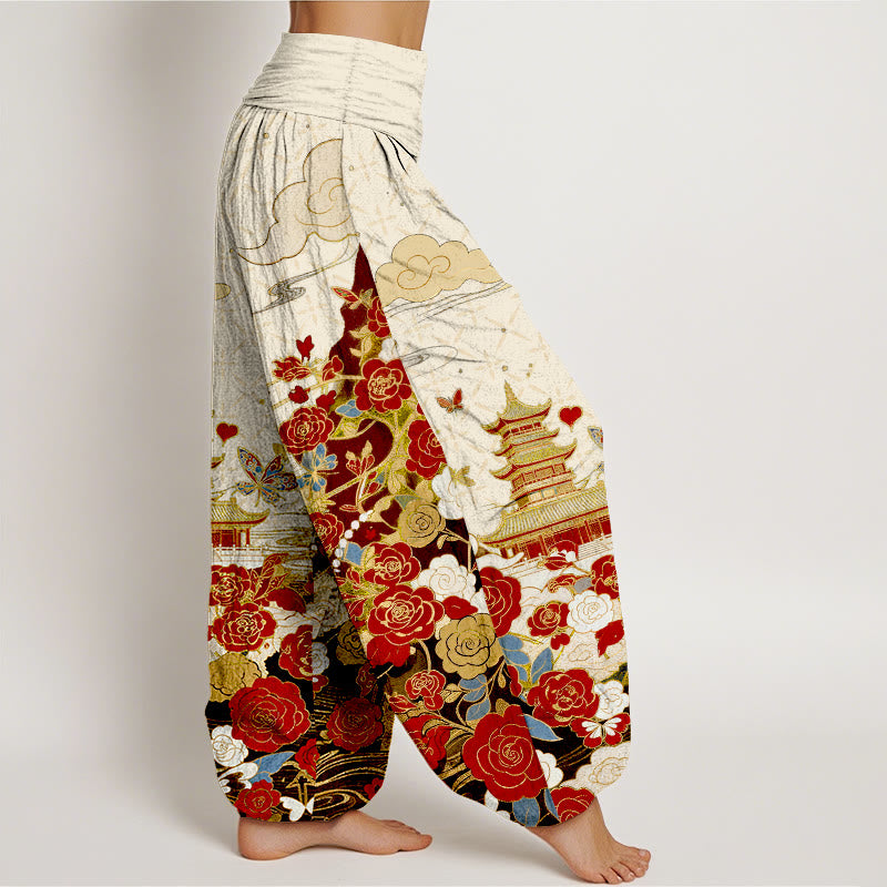 Buddha Stones Cotton Butterfly Rose Pagoda Heart Pattern Women's Elastic Waist Harem Pants - image 7