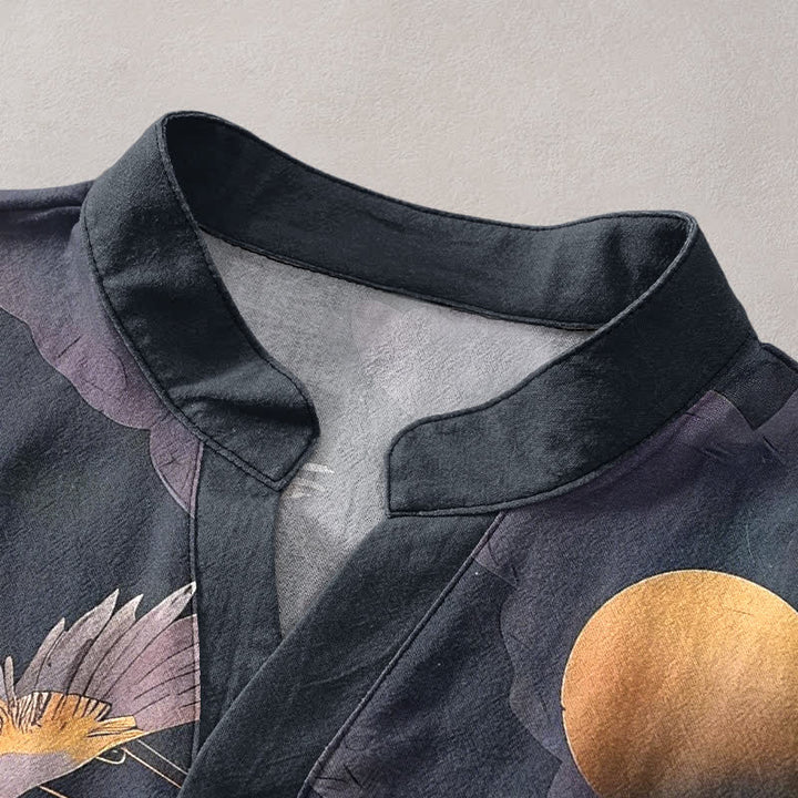 Buddha Stones Cotton Full Moon Crane Pattern Men's Short Sleeve Half Button Shirt - image 2