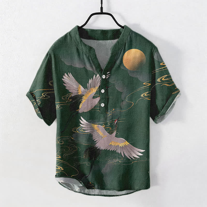 Buddha Stones Cotton Full Moon Crane Pattern Men's Short Sleeve Half Button Shirt - SeaGreen - US/UK/AU50，EU60 (5XL) - image 5
