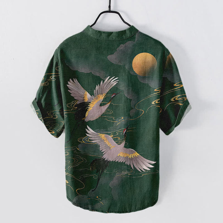Buddha Stones Cotton Full Moon Crane Pattern Men's Short Sleeve Half Button Shirt - image 6