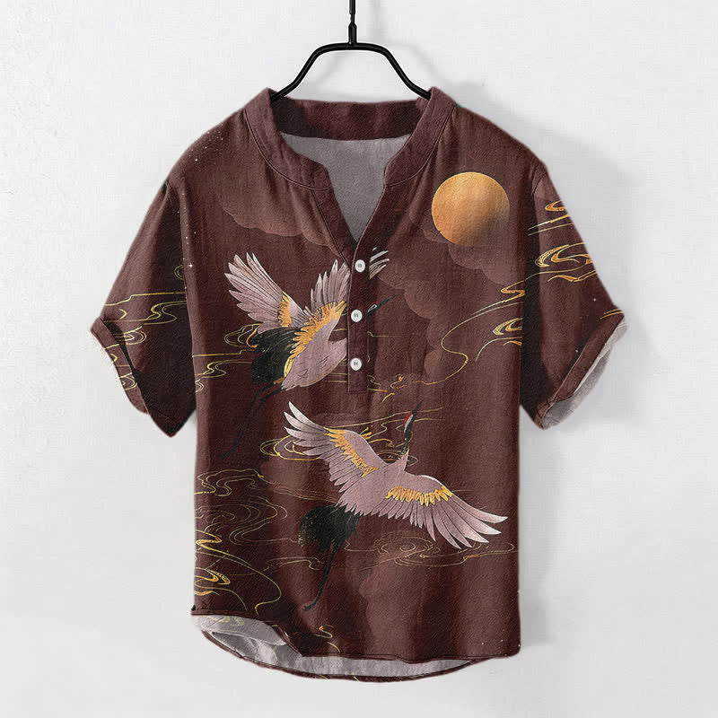 Buddha Stones Cotton Full Moon Crane Pattern Men's Short Sleeve Half Button Shirt - Brown - US/UK/AU50，EU60 (5XL) - image 7