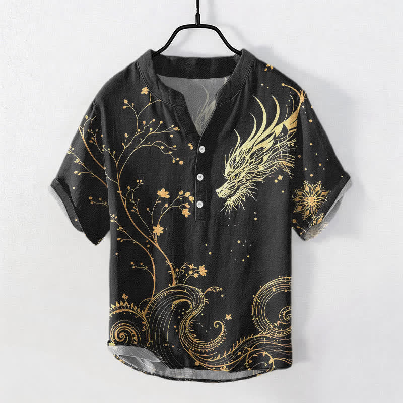 Buddha Stones Cotton Wave Dragon Flower Pattern Men's Short Sleeve Half Button Shirt - Black - US/UK/AU50，EU60 (5XL) - image 0