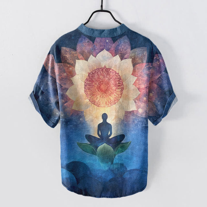 Buddha Stones Cotton Lotus Meditating Figure Pattern Men's Short Sleeve Half Button Shirt - image 6