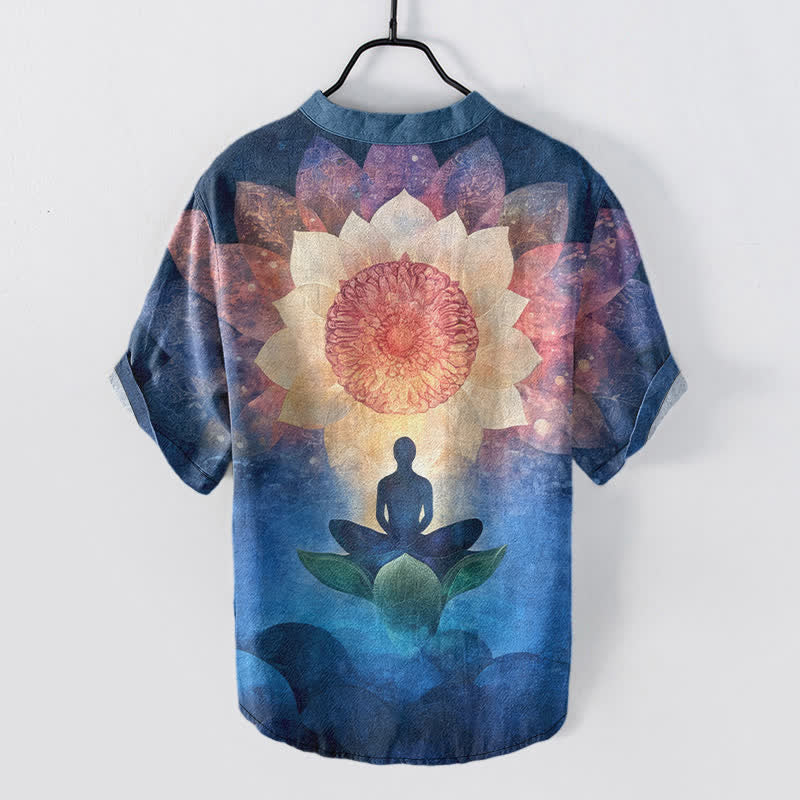 Buddha Stones Cotton Lotus Meditating Figure Pattern Men's Short Sleeve Half Button Shirt - image 6