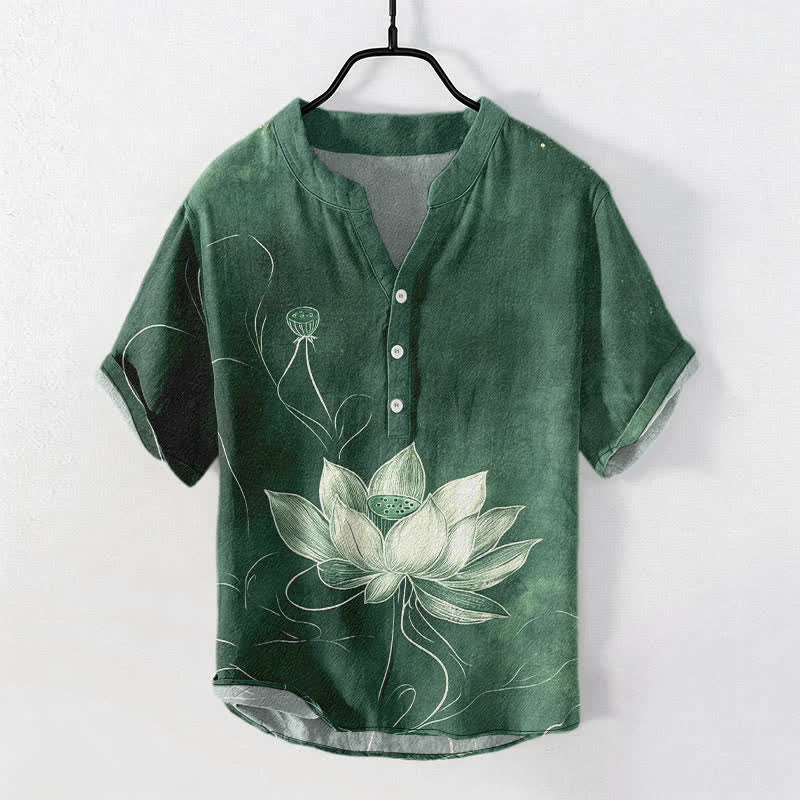 Buddha Stones Cotton Lotus Pattern Men's Short Sleeve Half Button Shirt - MediumSeaGreen - US/UK/AU50，EU60 (5XL) - image 0