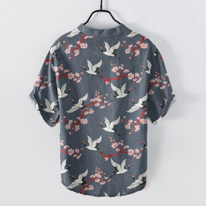 Buddha Stones Crane Plum Blossom Men's Henley Short Sleeve Shirt - image 8